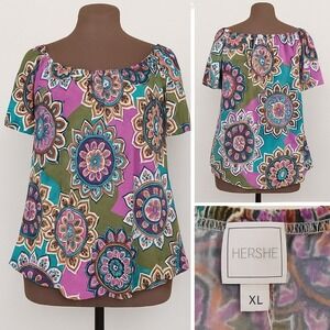 HerShe Women XL Shirt Top Boho Peasant Multicolor Mandala Print‎ Off Shoulder